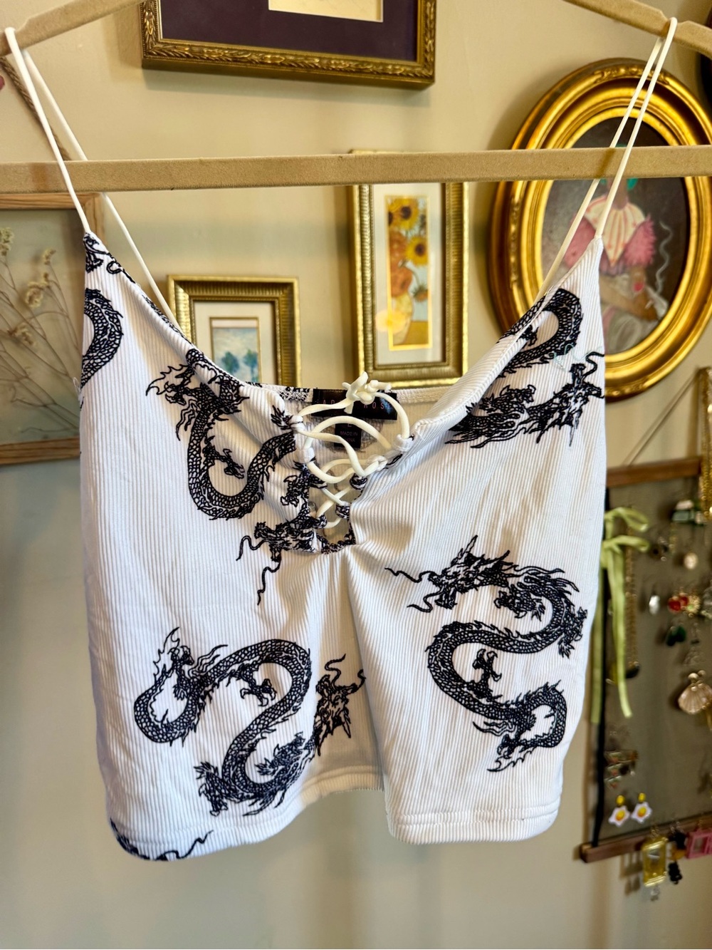 White Dragon Print Lace-Up Cami Top